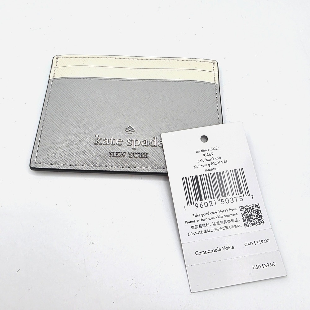 Kate Spade Madison Small Slim Card Holder Platinum Grey Colorblock K1369 NEW